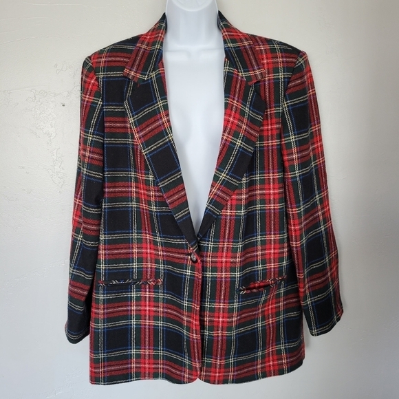 Vintage Jackets & Blazers - Prophecy Vintage Women's 14 Black Red Plaid Blazer 40% Wool Blend Yellow Blue